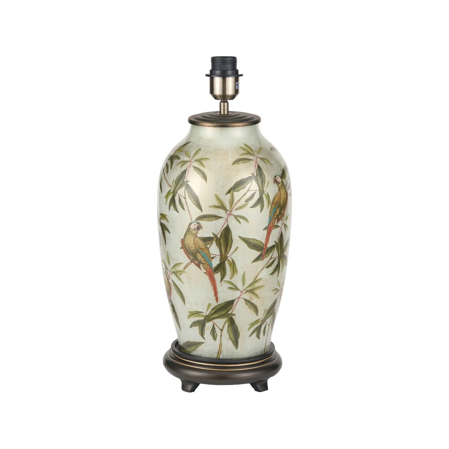Jenny Worrall Tall Parrots Distressed Gold & Off-White Glass Table Lamp with Pistachio Green Linen Drum Shade | Click Style
