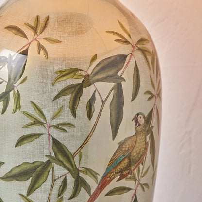 Jenny Worrall Tall Parrots Distressed Gold & Off-White Glass Table Lamp with Pistachio Green Linen Drum Shade | Click Style