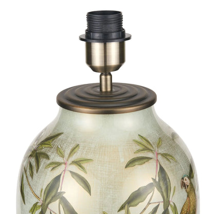 Jenny Worrall Tall Parrots Distressed Gold & Off-White Glass Table Lamp with Pistachio Green Linen Drum Shade | Click Style