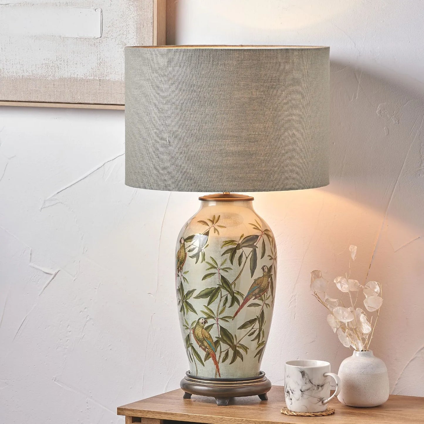 Jenny Worrall Tall Parrots Distressed Gold & Off-White Glass Table Lamp with Pistachio Green Linen Drum Shade | Click Style