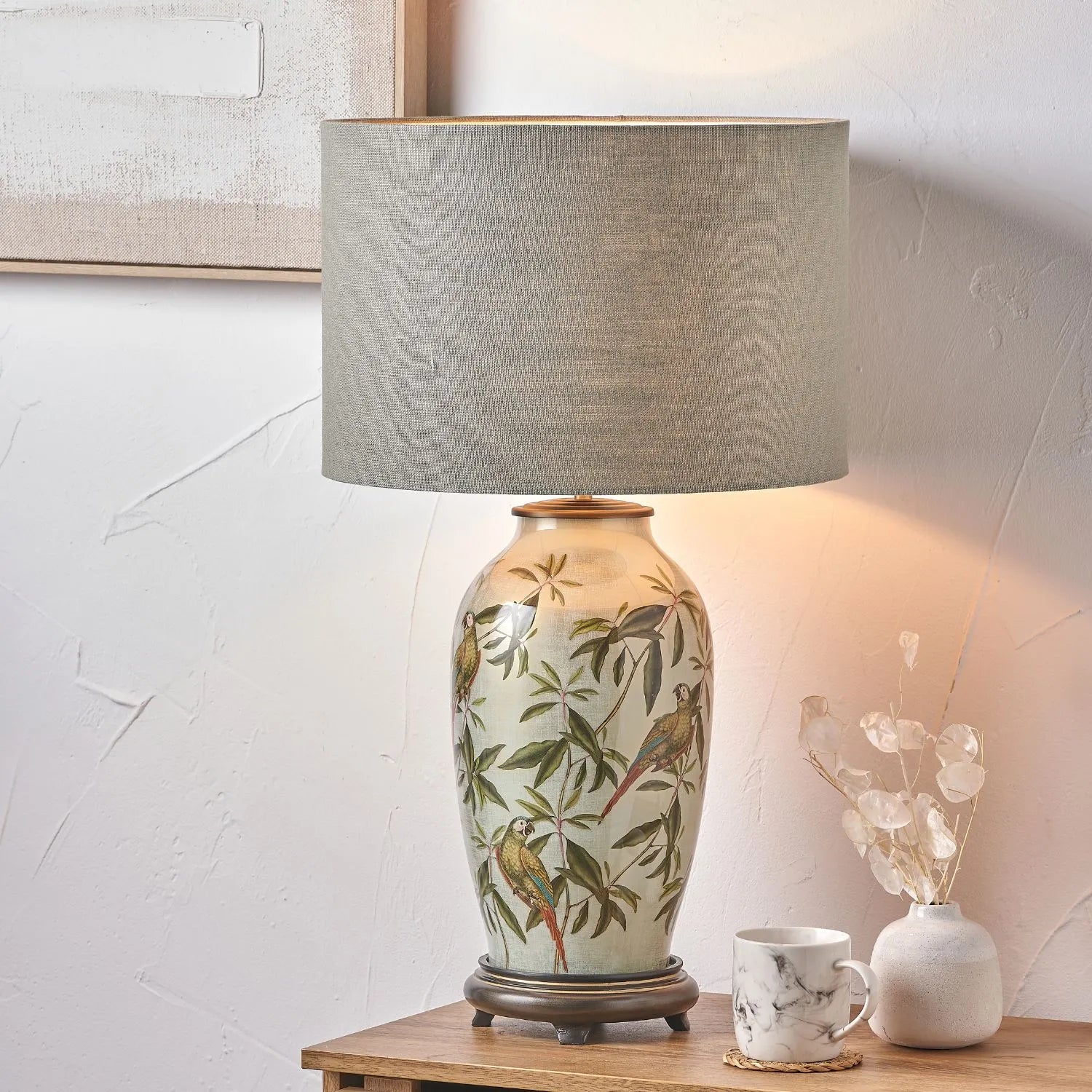 Jenny Worrall Tall Parrots Distressed Gold & Off-White Glass Table Lamp with Pistachio Green Linen Drum Shade | Click Style