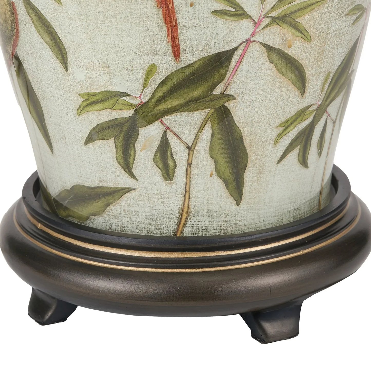 Jenny Worrall Tall Parrots Distressed Gold & Off-White Glass Table Lamp with Pistachio Green Linen Drum Shade | Click Style