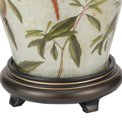 Jenny Worrall Tall Parrots Distressed Gold & Off-White Glass Table Lamp with Pistachio Green Linen Drum Shade | Click Style