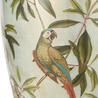 Jenny Worrall Tall Parrots Distressed Gold & Off-White Glass Table Lamp with Pistachio Green Linen Drum Shade | Click Style