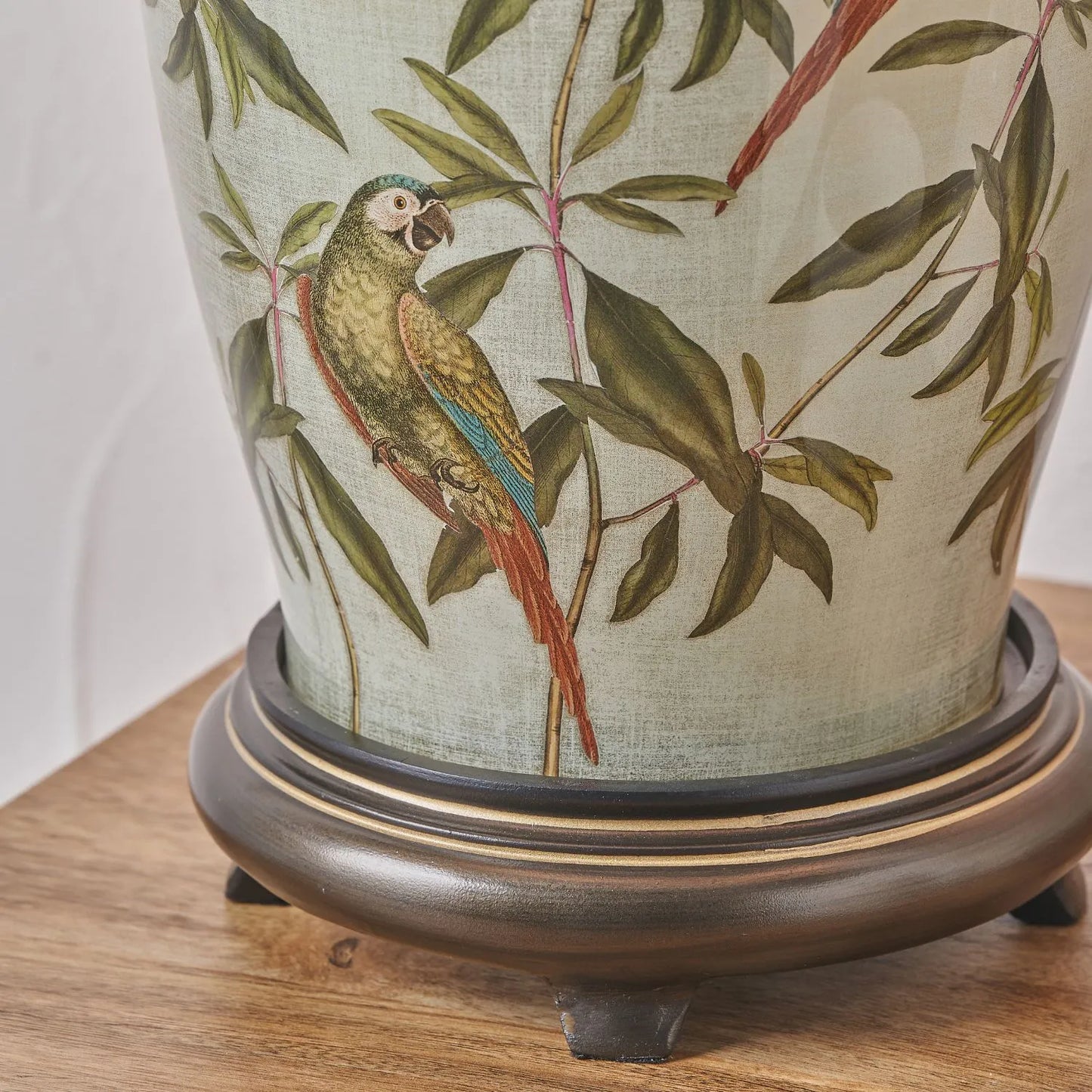 Jenny Worrall Tall Parrots Distressed Gold & Off-White Glass Table Lamp with Pistachio Green Linen Drum Shade | Click Style