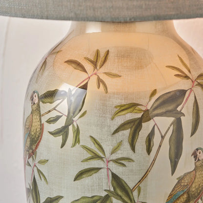 Jenny Worrall Tall Parrots Distressed Gold & Off-White Glass Table Lamp with Pistachio Green Linen Drum Shade | Click Style