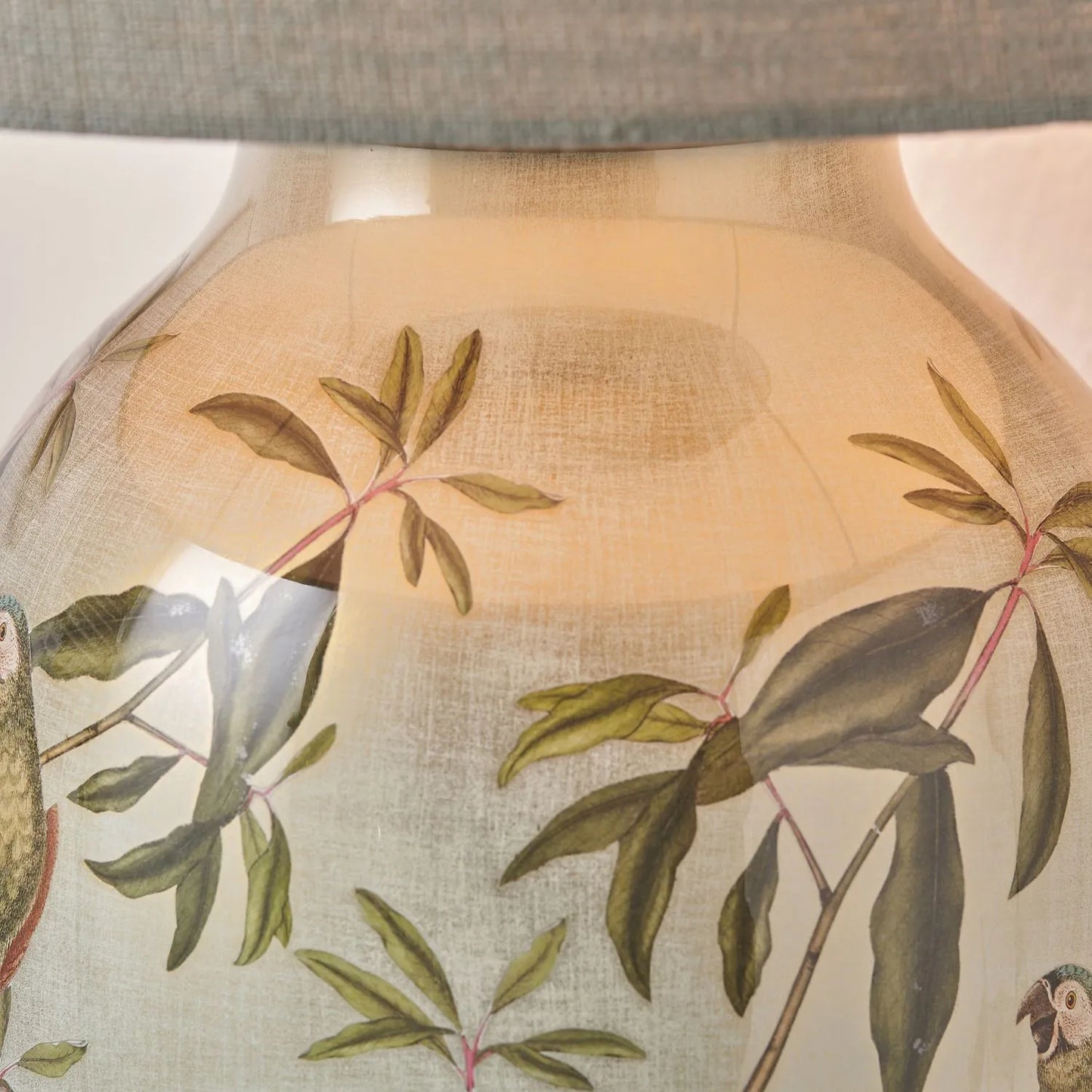 Jenny Worrall Tall Parrots Distressed Gold & Off-White Glass Table Lamp with Pistachio Green Linen Drum Shade | Click Style
