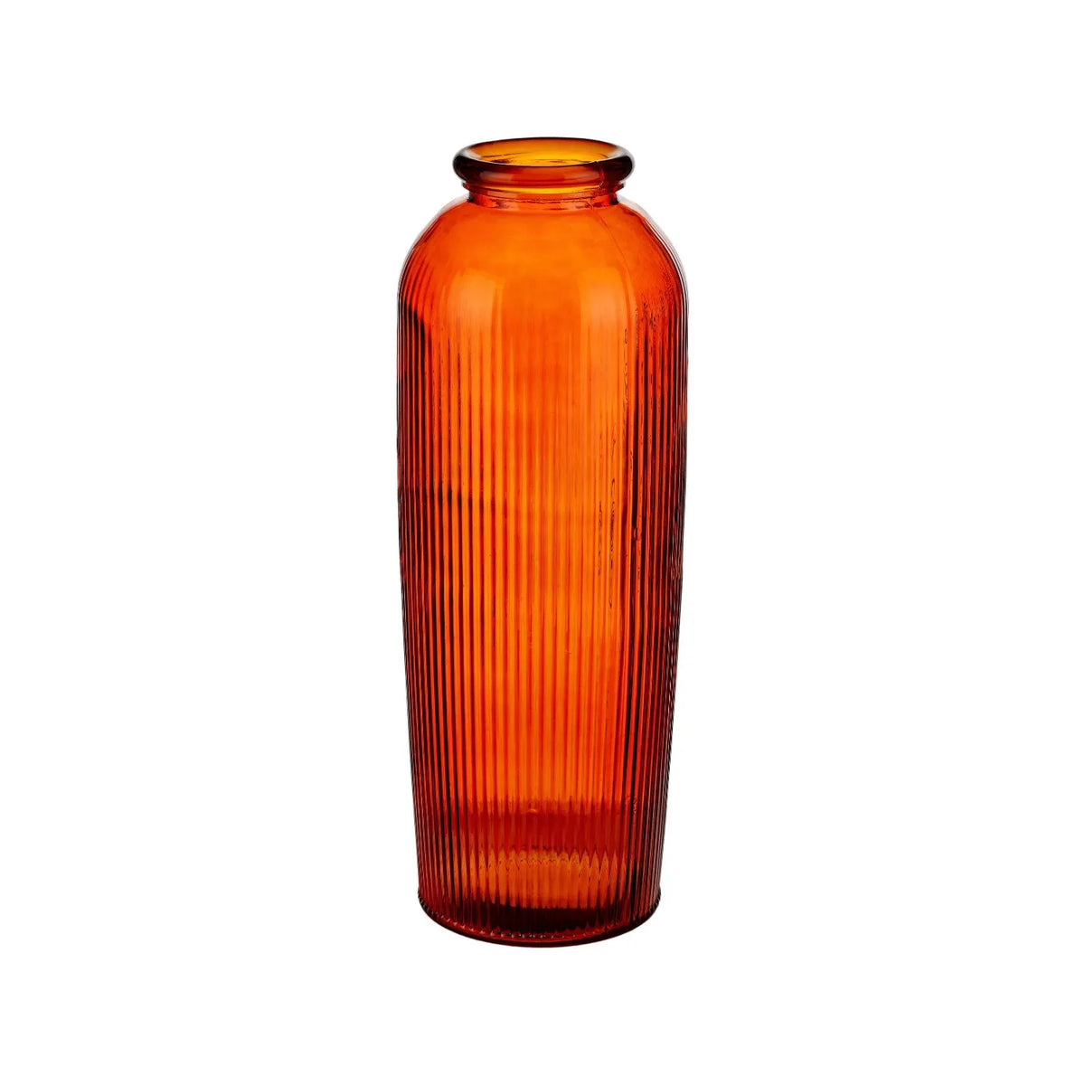 Tall Rich Orange Recycled Glass Ribbed Vase with Rolled Rim – Large Floor Standing Vase 72x26x26cm – Full Angled View | Click Style
