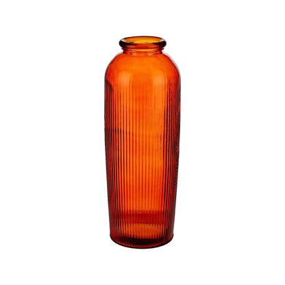 Tall Rich Orange Recycled Glass Ribbed Vase with Rolled Rim – Large Floor Standing Vase 72x26x26cm – Full Angled View | Click Style