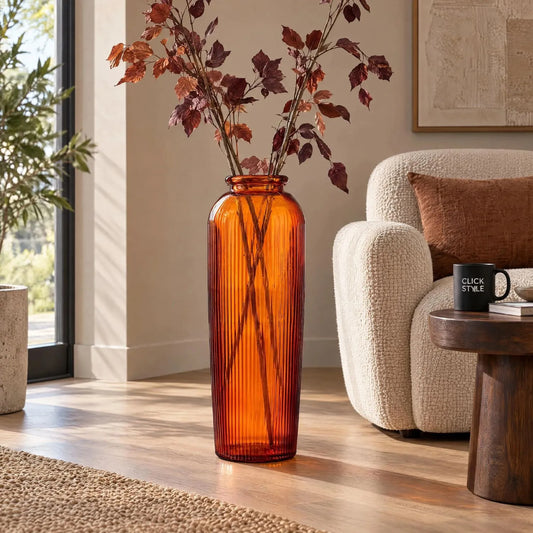 Tall Rich Orange Recycled Glass Ribbed Vase with Rolled Rim – Large Floor Standing Vase 72x26x26cm – Styled with Burgundy & Rust Branches in a Warm Neutral Living Room | Click Style