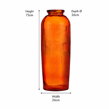 Tall Rich Orange Recycled Glass Ribbed Vase with Rolled Rim – Large Floor Standing Vase 72x26x26cm – Dimensions Showing 72cm Height 26cm Width & 26cm Depth | Click Style