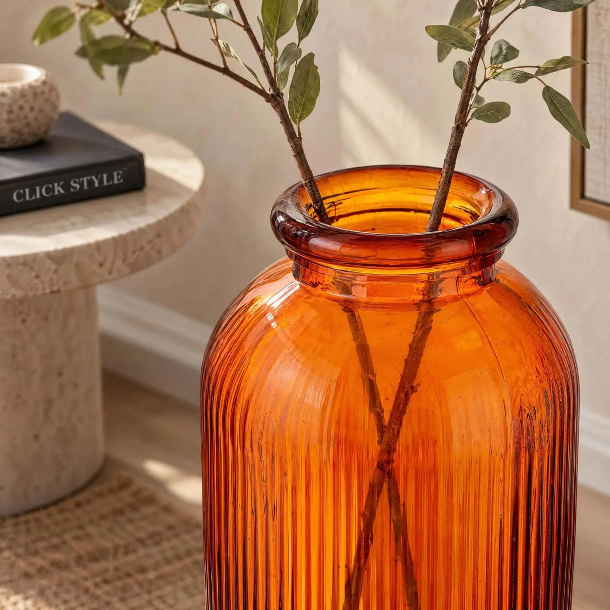 Tall Rich Orange Recycled Glass Ribbed Vase with Rolled Rim – Large Floor Standing Vase 72x26x26cm – Close-Up of Rolled Rim & Opening Styled with Two Green Foliage Stems | Click Style