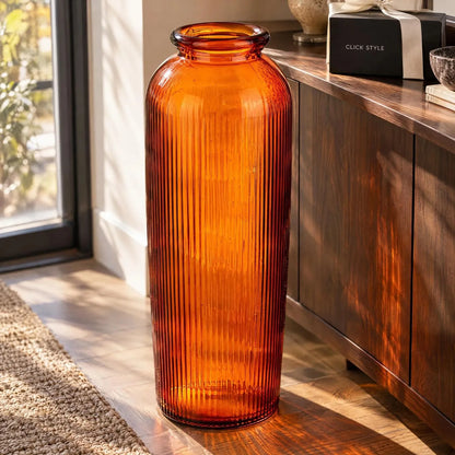 Tall Rich Orange Recycled Glass Ribbed Vase with Rolled Rim – Large Floor Standing Vase 72x26x26cm – Displayed Empty with Sunlight Highlighting the Transparent Ribbed Glass | Click Style