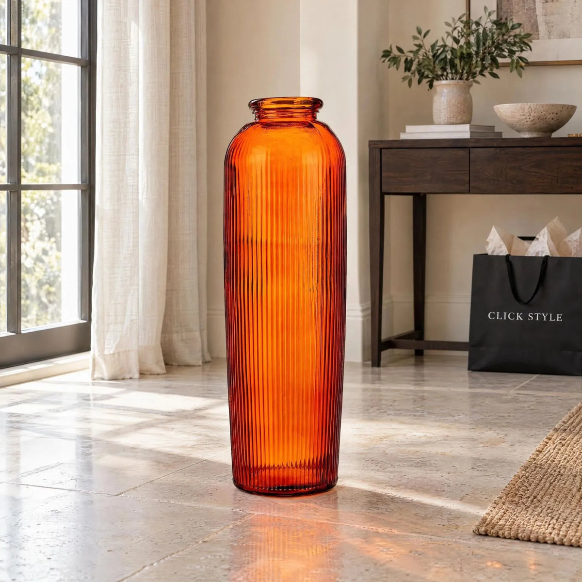 Tall Rich Orange Recycled Glass Ribbed Vase with Rolled Rim – Large Floor Standing Vase 72x26x26cm – Displayed Empty in a Sunlit Neutral Interior | Click Style