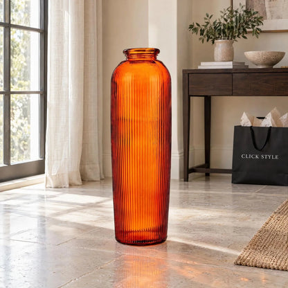 Tall Rich Orange Recycled Glass Ribbed Vase with Rolled Rim – Large Floor Standing Vase 72x26x26cm – Displayed Empty in a Sunlit Neutral Interior | Click Style