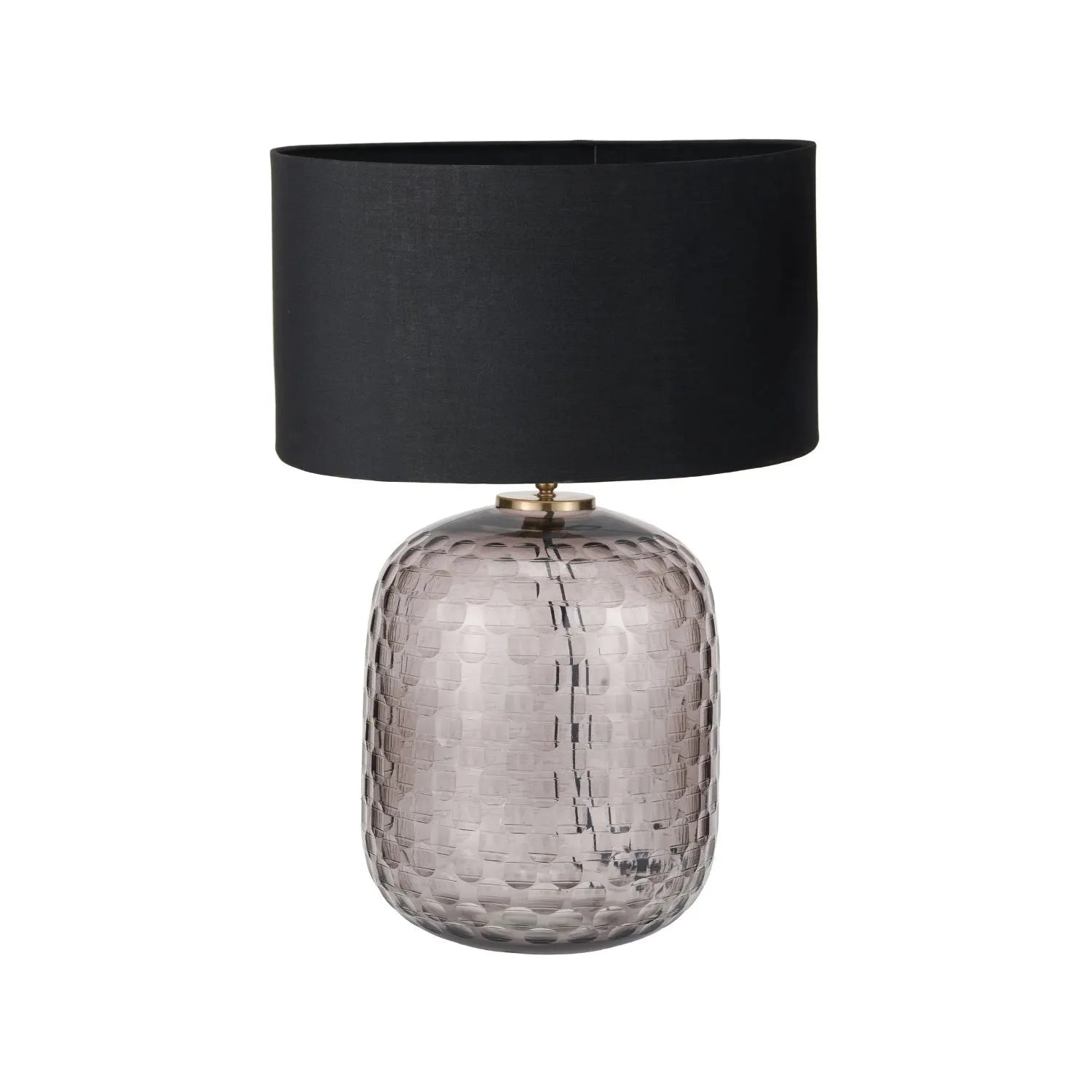 Tall Rotund Smoked Grey Hand-Cut Glass Table Lamp Base with Antique Brass Fitting – Textured Circular Pattern Design 40x23x23cm | Click Style