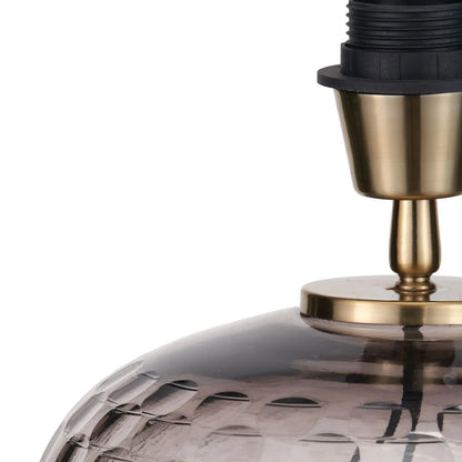 Tall Rotund Smoked Grey Hand-Cut Glass Table Lamp Base with Antique Brass Fitting – Textured Circular Pattern Design 40x23x23cm | Click Style