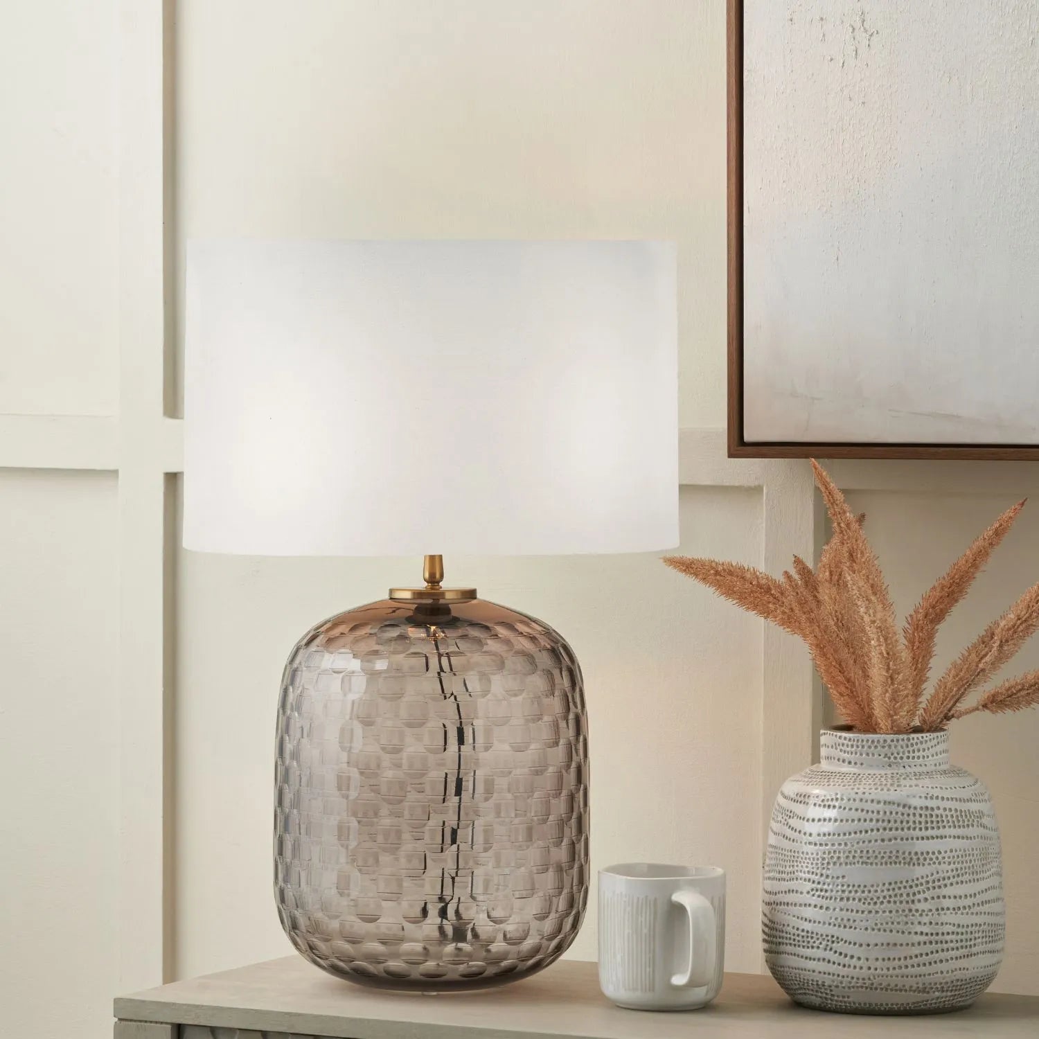 Tall Rotund Smoked Grey Hand-Cut Glass Table Lamp Base with Antique Brass Fitting – Textured Circular Pattern Design 40x23x23cm | Click Style