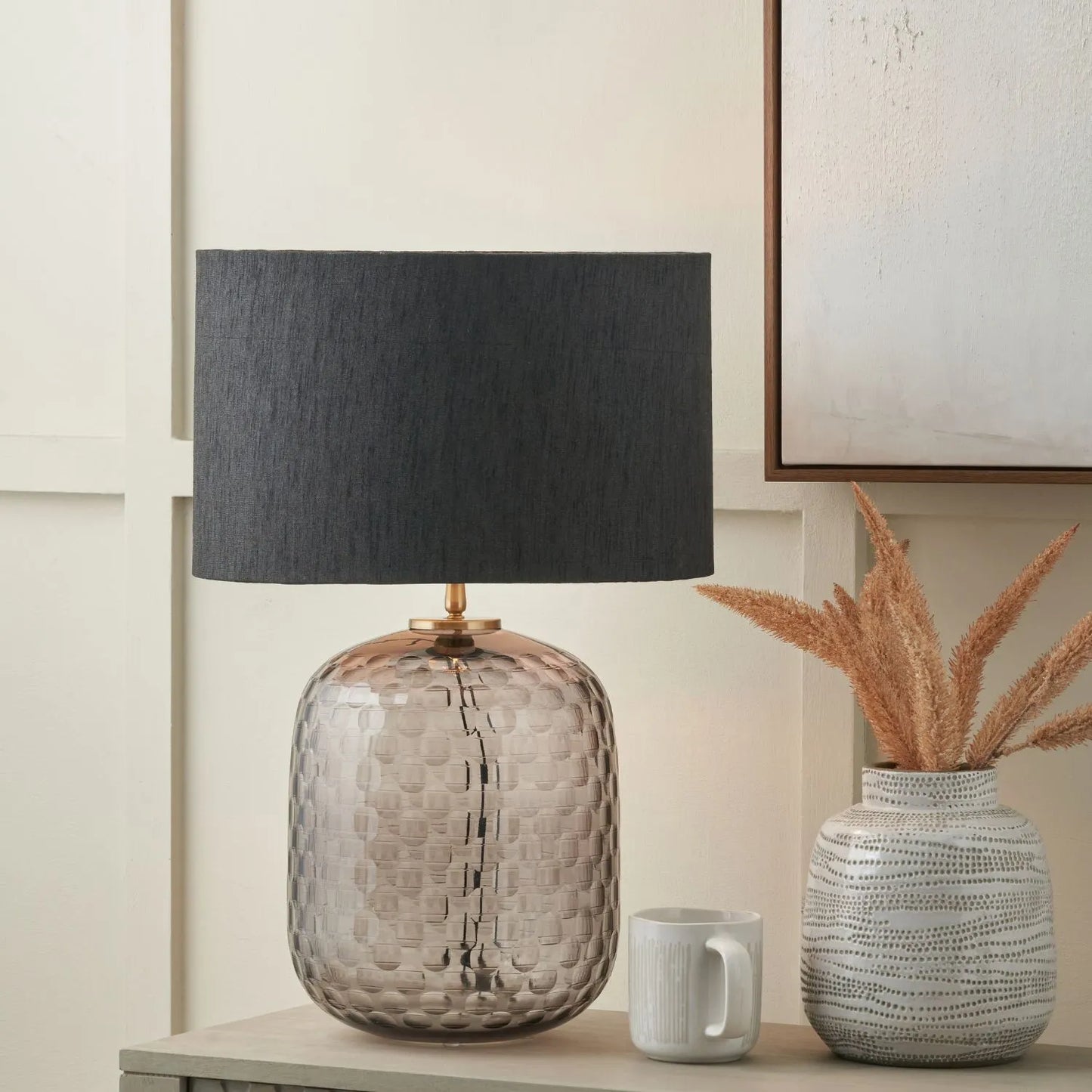 Tall Rotund Smoked Grey Hand-Cut Glass Table Lamp Base with Antique Brass Fitting – Textured Circular Pattern Design 40x23x23cm | Click Style