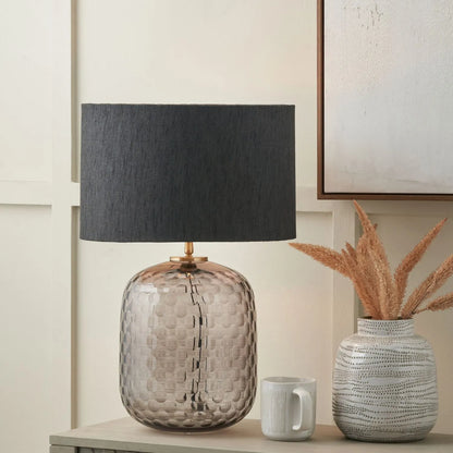 Tall Rotund Smoked Grey Hand-Cut Glass Table Lamp Base with Antique Brass Fitting – Textured Circular Pattern Design 40x23x23cm | Click Style