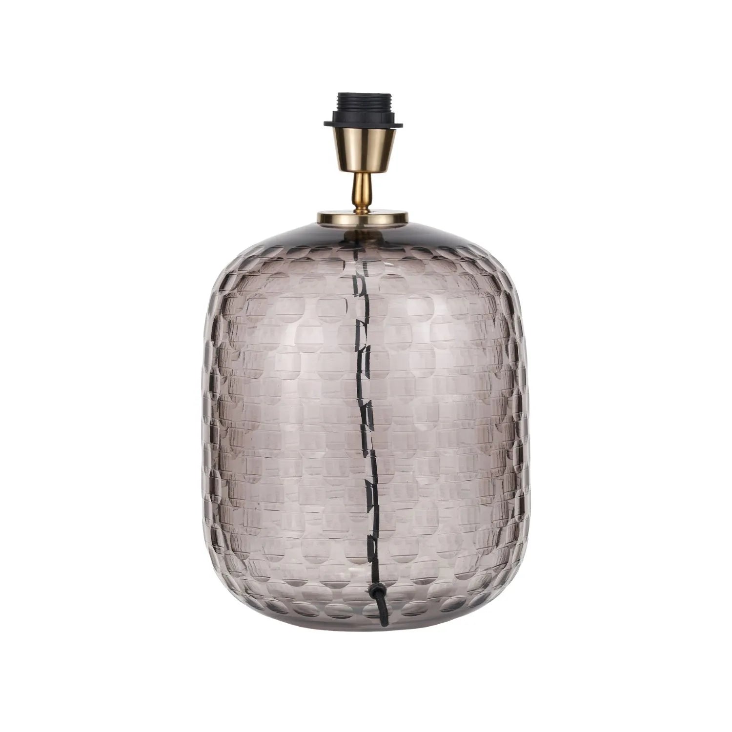 Tall Rotund Smoked Grey Hand-Cut Glass Table Lamp Base with Antique Brass Fitting – Textured Circular Pattern Design 40x23x23cm | Click Style