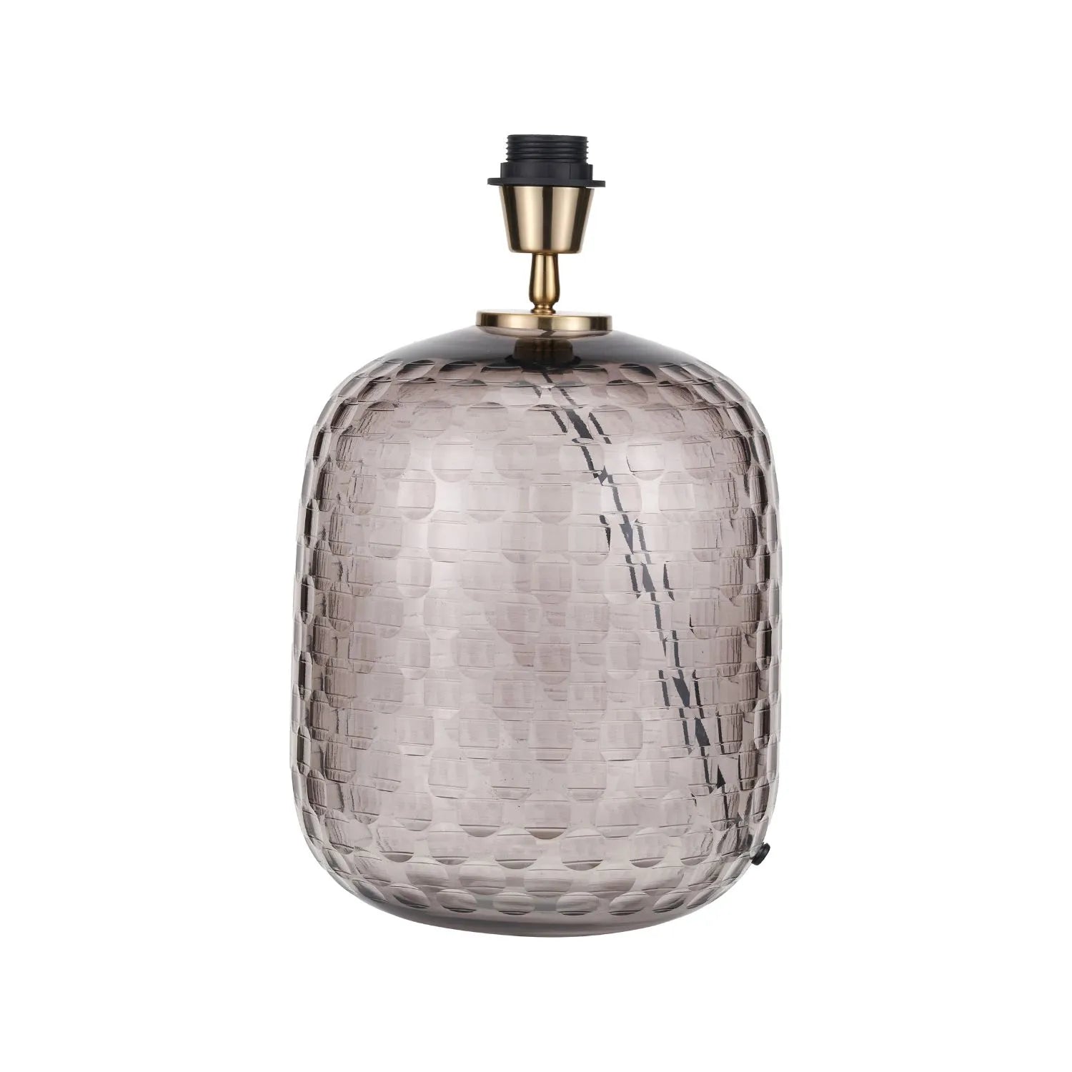 Tall Rotund Smoked Grey Hand-Cut Glass Table Lamp Base with Antique Brass Fitting – Textured Circular Pattern Design 40x23x23cm | Click Style