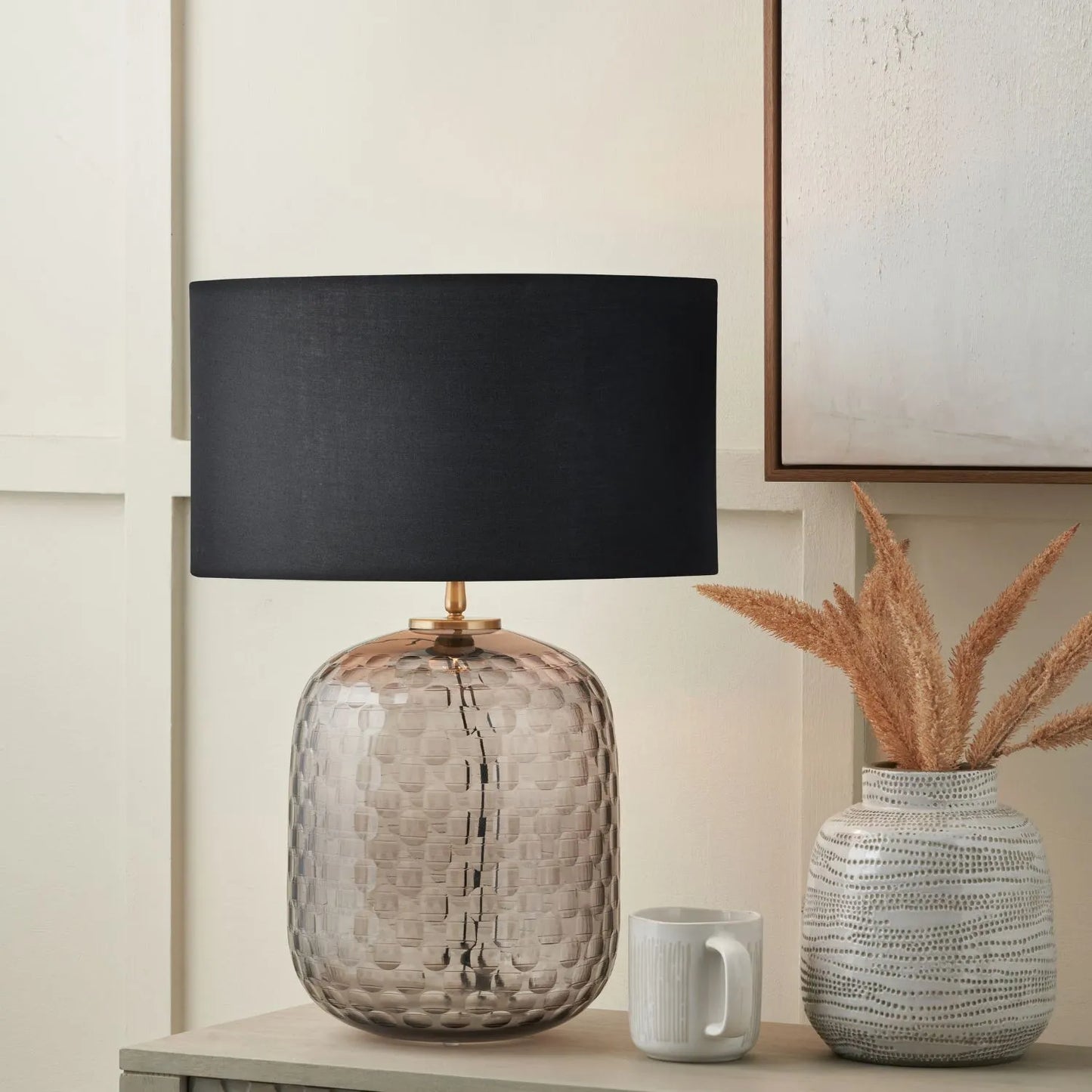 Tall Rotund Smoked Grey Hand-Cut Glass Table Lamp with 35cm Black Cotton Drum Shade & Antique Brass Fitting – Textured Circular Pattern Design 56x35x35cm | Click Style