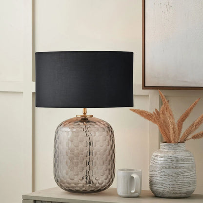 Tall Rotund Smoked Grey Hand-Cut Glass Table Lamp with 35cm Black Cotton Drum Shade & Antique Brass Fitting – Textured Circular Pattern Design 56x35x35cm | Click Style