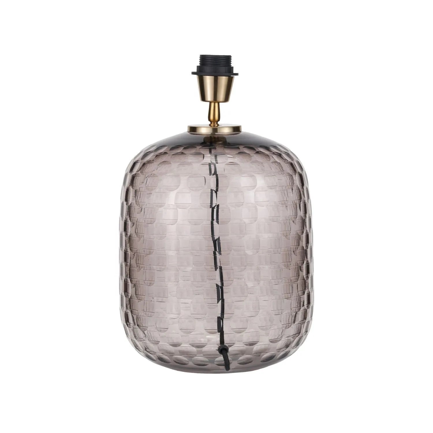 Tall Rotund Smoked Grey Hand-Cut Glass Table Lamp with 35cm Black Cotton Drum Shade & Antique Brass Fitting – Textured Circular Pattern Design 56x35x35cm | Click Style