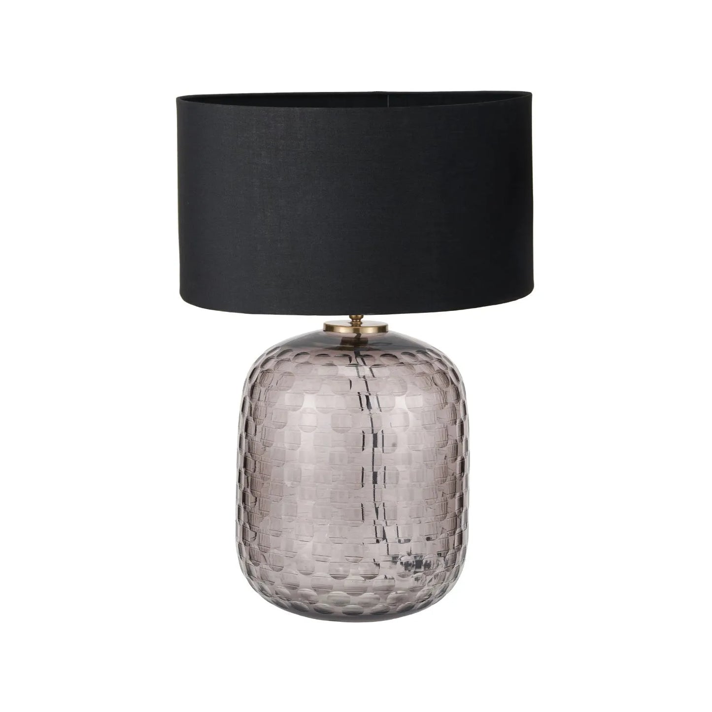 Tall Rotund Smoked Grey Hand-Cut Glass Table Lamp with 35cm Black Cotton Drum Shade & Antique Brass Fitting – Textured Circular Pattern Design 56x35x35cm | Click Style