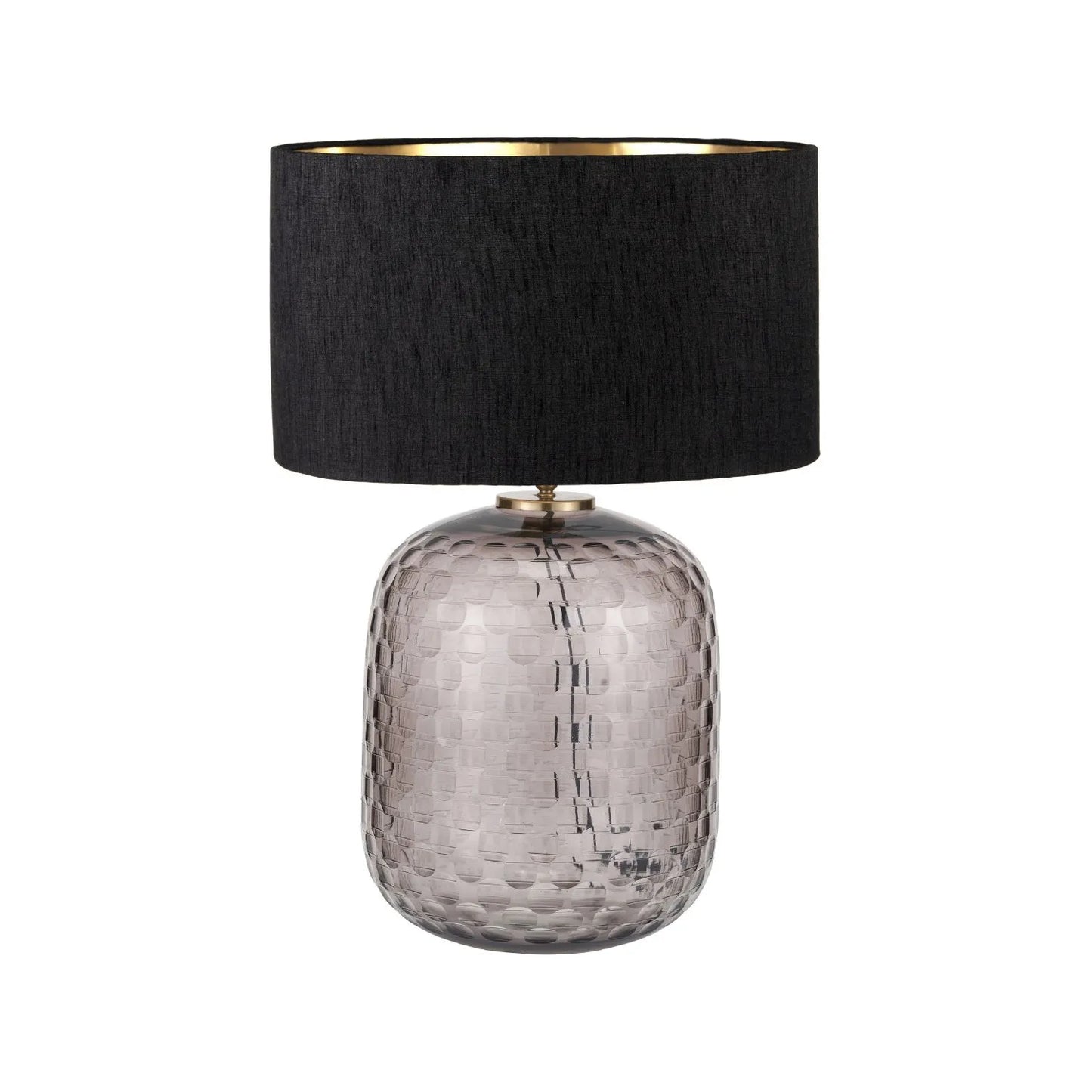 Tall Rotund Smoked Grey Hand-Cut Glass Table Lamp with 35cm Black Slubbed Silk Gold-Lined Drum Shade & Antique Brass Fitting – Textured Circular Pattern Design 56x35x35cm | Click Style
