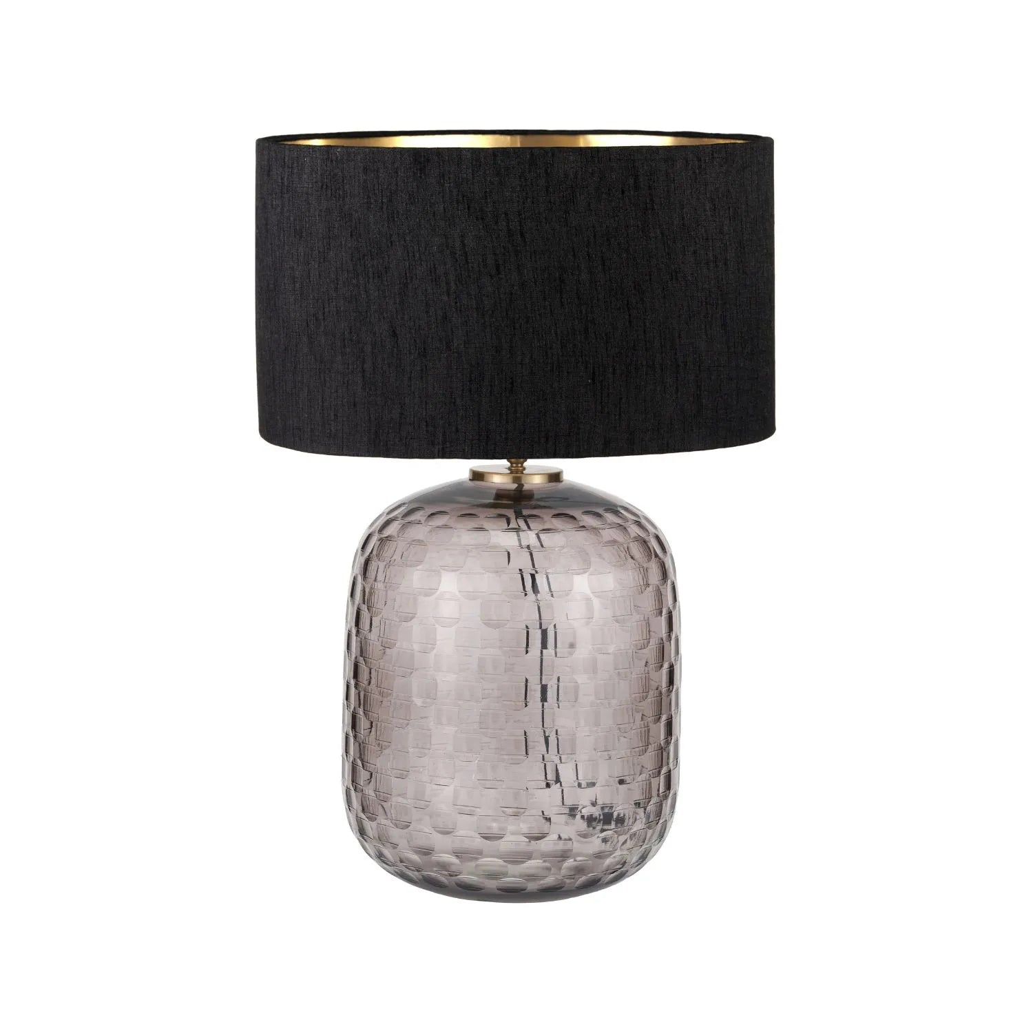 Tall Rotund Smoked Grey Hand-Cut Glass Table Lamp with 35cm Black Slubbed Silk Gold-Lined Drum Shade & Antique Brass Fitting – Textured Circular Pattern Design 56x35x35cm | Click Style