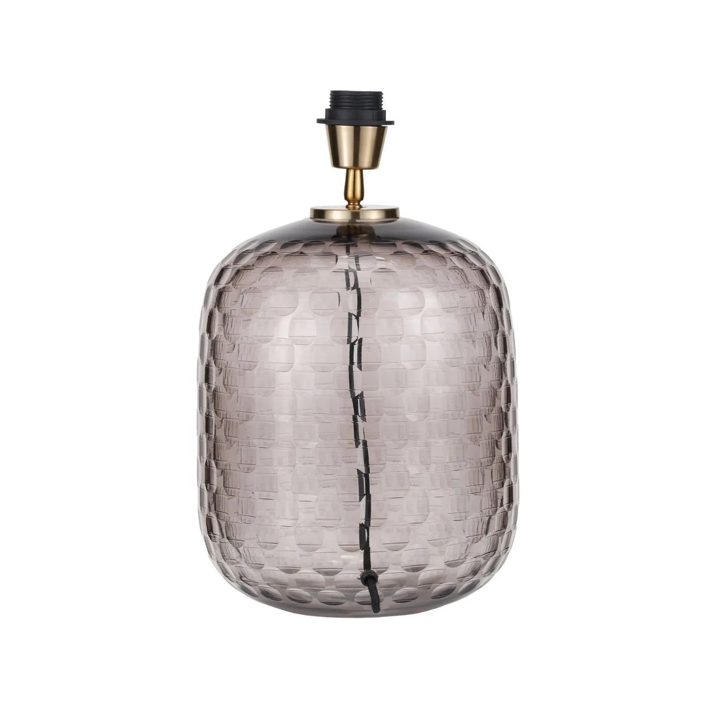 Tall Rotund Smoked Grey Hand-Cut Glass Table Lamp with 35cm Black Slubbed Silk Gold-Lined Drum Shade & Antique Brass Fitting – Textured Circular Pattern Design 56x35x35cm | Click Style