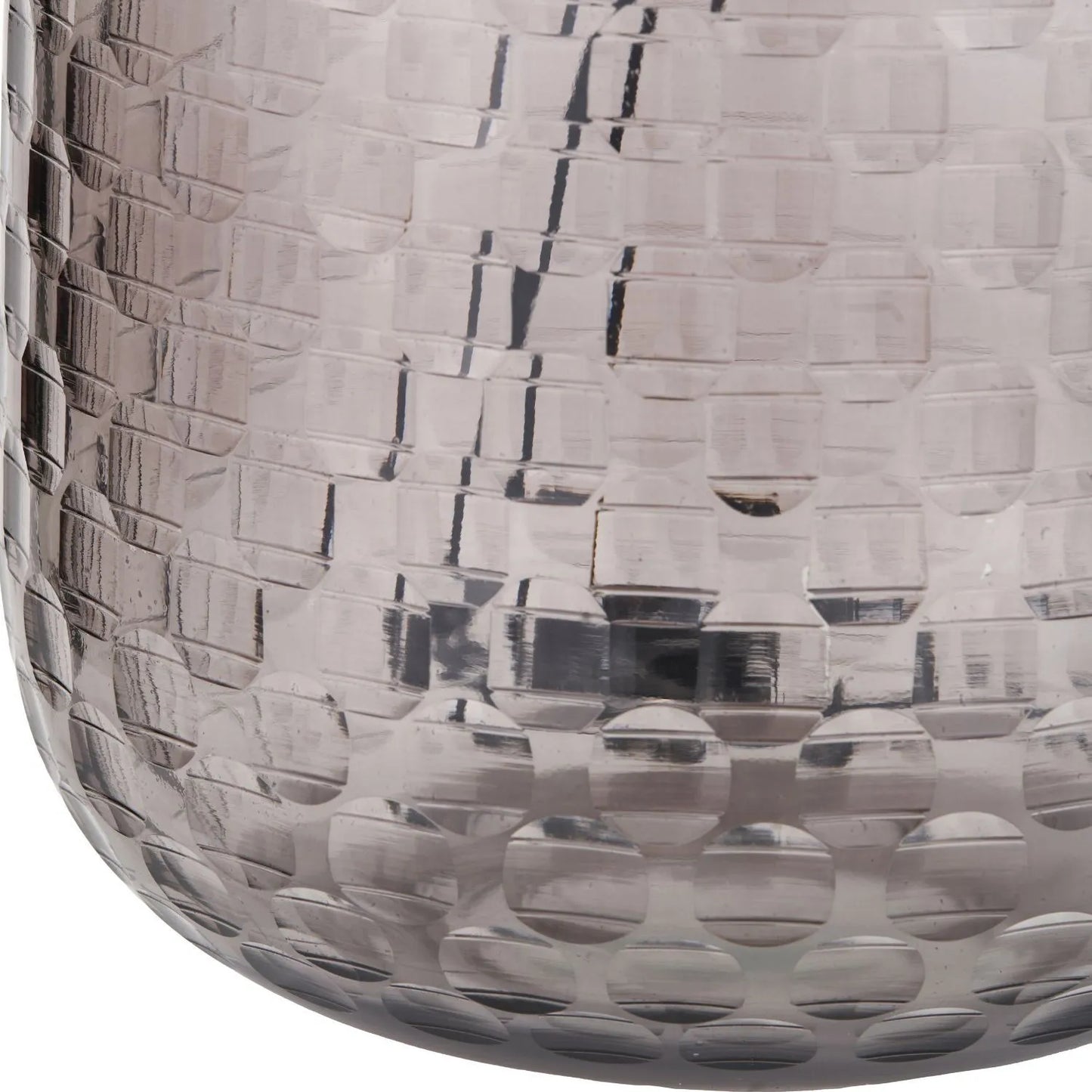 Tall Rotund Smoked Grey Hand-Cut Glass Table Lamp with 35cm Ivory Cotton Drum Shade & Antique Brass Fitting – Textured Circular Pattern Design 56x35x35cm | Click Style