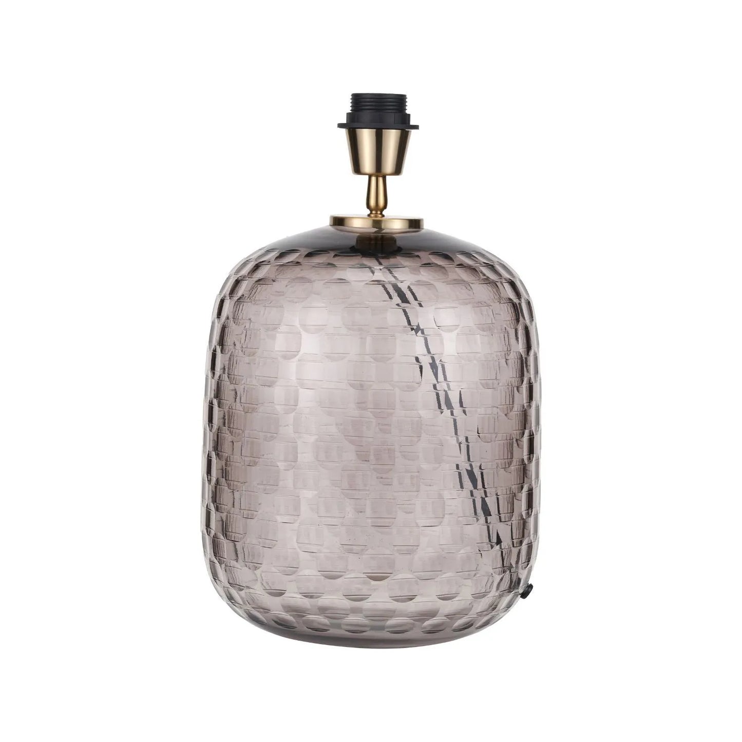 Tall Rotund Smoked Grey Hand-Cut Glass Table Lamp with 35cm Ivory Cotton Drum Shade & Antique Brass Fitting – Textured Circular Pattern Design 56x35x35cm | Click Style