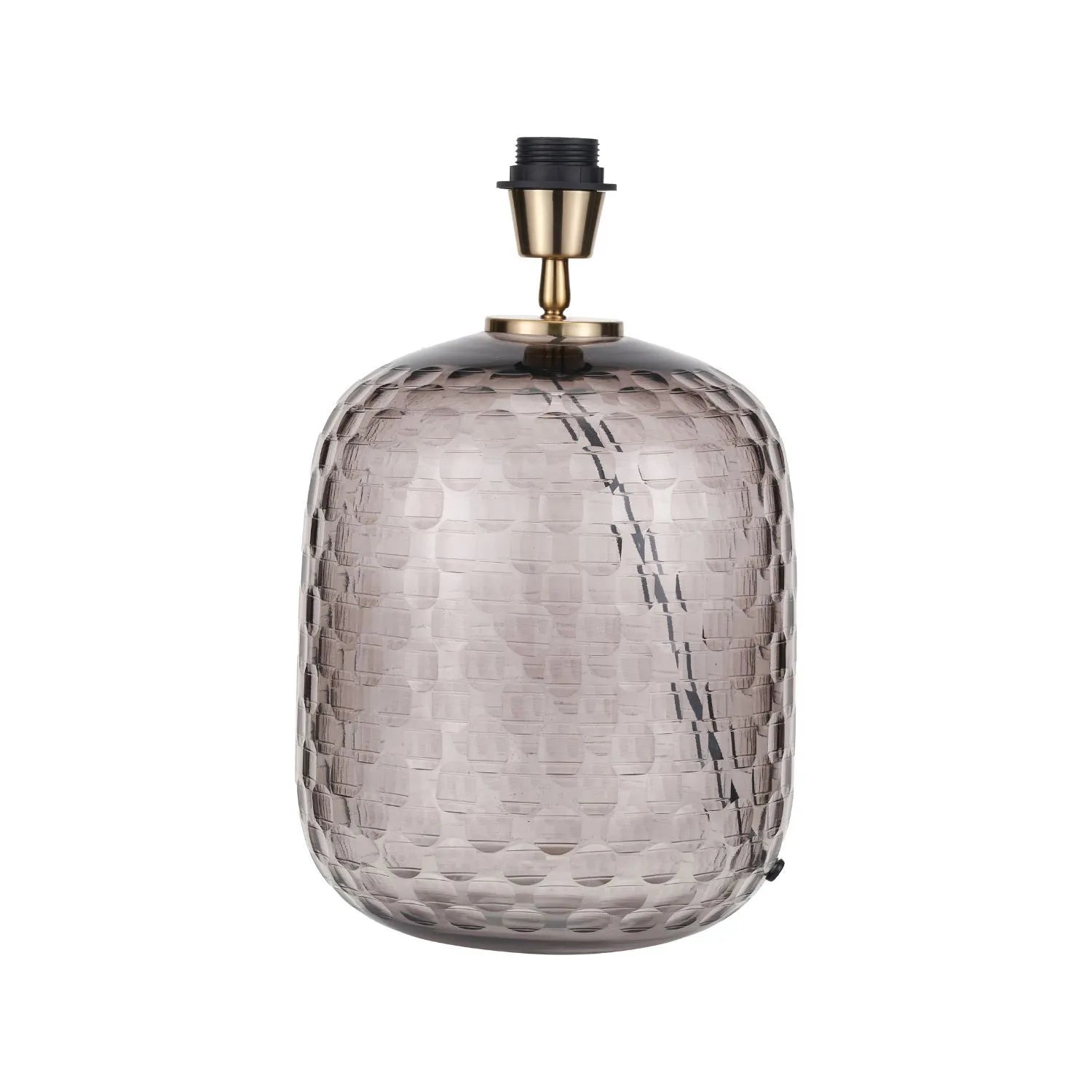 Tall Rotund Smoked Grey Hand-Cut Glass Table Lamp with 35cm Ivory Cotton Drum Shade & Antique Brass Fitting – Textured Circular Pattern Design 56x35x35cm | Click Style