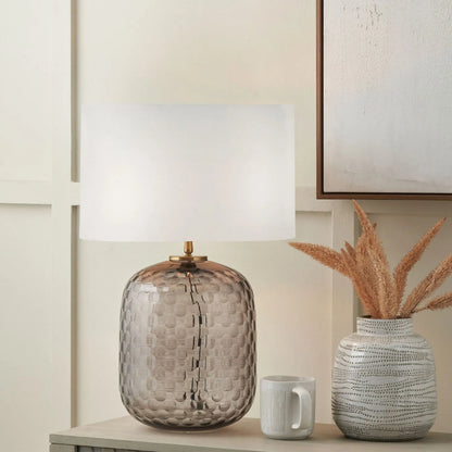 Tall Rotund Smoked Grey Hand-Cut Glass Table Lamp with 35cm Ivory Cotton Drum Shade & Antique Brass Fitting – Textured Circular Pattern Design 56x35x35cm | Click Style