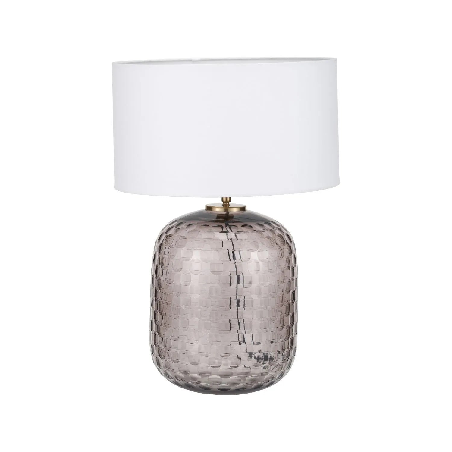 Tall Rotund Smoked Grey Hand-Cut Glass Table Lamp with 35cm Ivory Cotton Drum Shade & Antique Brass Fitting – Textured Circular Pattern Design 56x35x35cm | Click Style