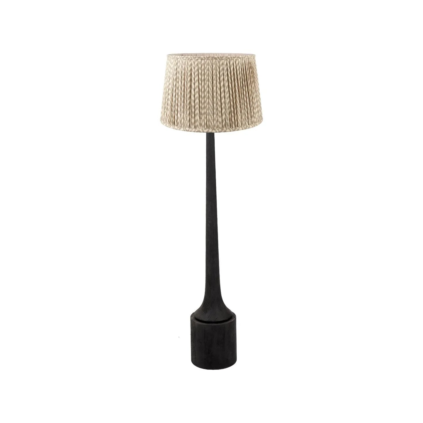 Tall Rustic Black Mango Wood Floor Lamp with Beige Taupe Chevron Tapered Pleated Shade – Hand-Carved Sculptural Wooden Light 156x45x45cm - Click Style
