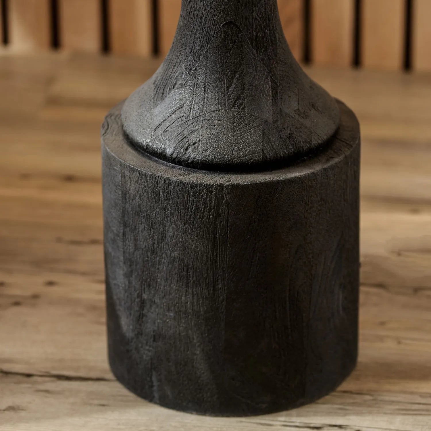 Tall Rustic Black Mango Wood Floor Lamp with Beige Taupe Chevron Tapered Pleated Shade – Hand-Carved Sculptural Wooden Light 156x45x45cm - Click Style