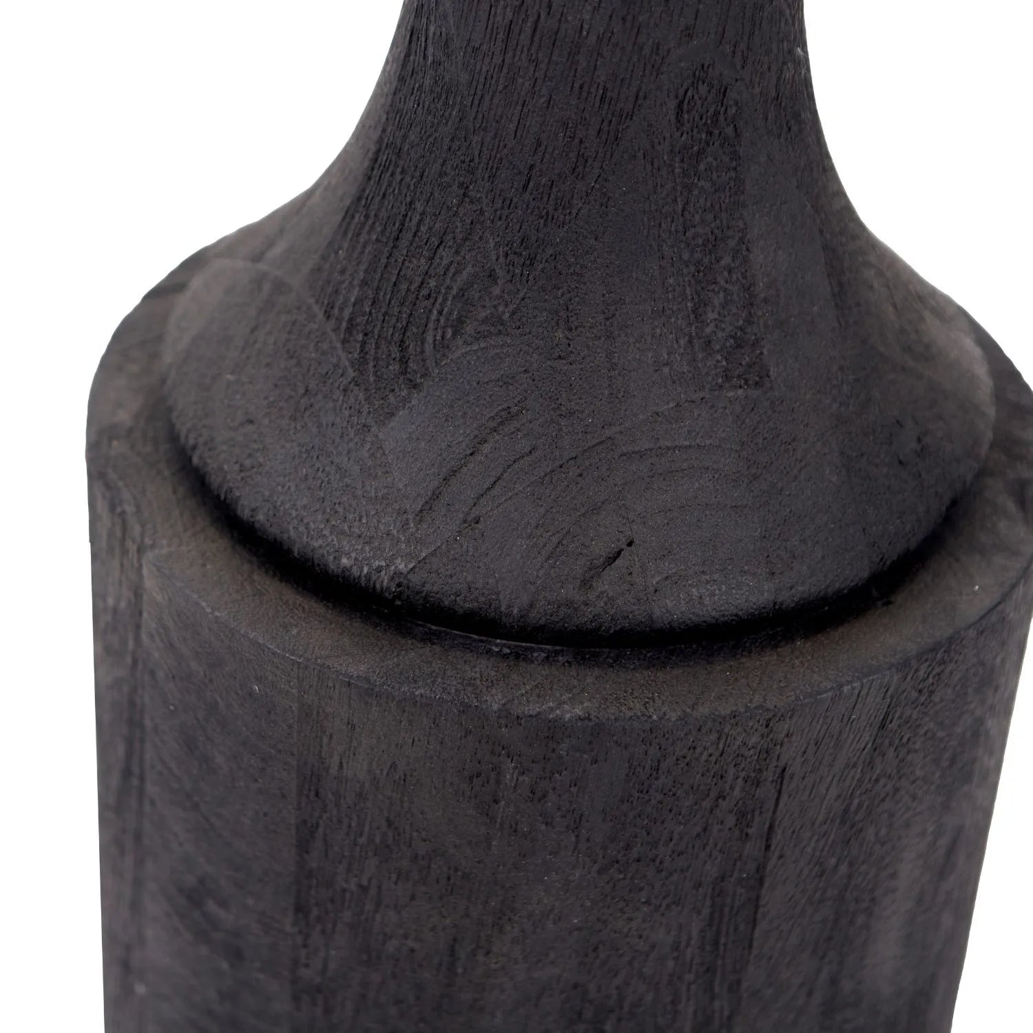 Tall Rustic Black Mango Wood Floor Lamp with Black Chevron Tapered Pleated Shade – Hand-Carved Sculptural Wooden Light 156x45x45cm - Click Style