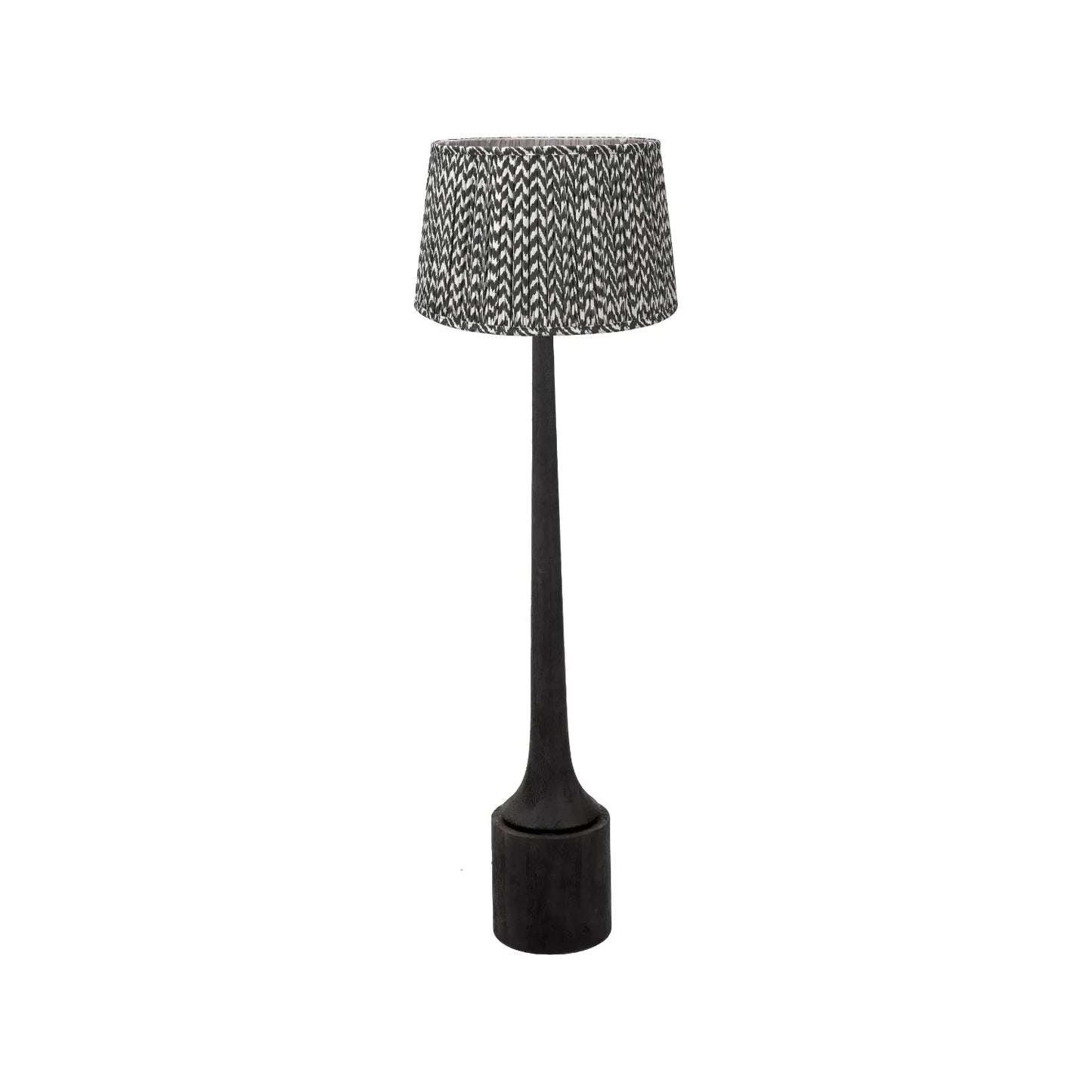 Tall Rustic Black Mango Wood Floor Lamp with Black Chevron Tapered Pleated Shade – Hand-Carved Sculptural Wooden Light 156x45x45cm - Click Style