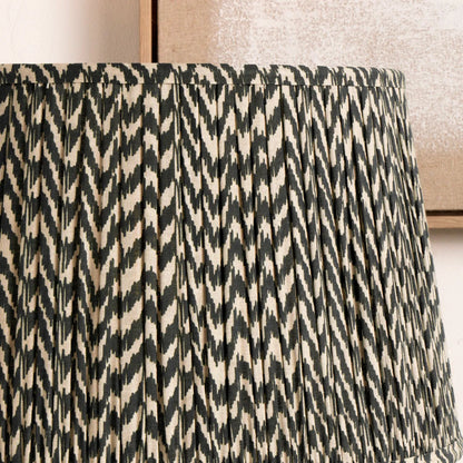 Tall Rustic Black Mango Wood Floor Lamp with Black Chevron Tapered Pleated Shade – Hand-Carved Sculptural Wooden Light 156x45x45cm - Click Style