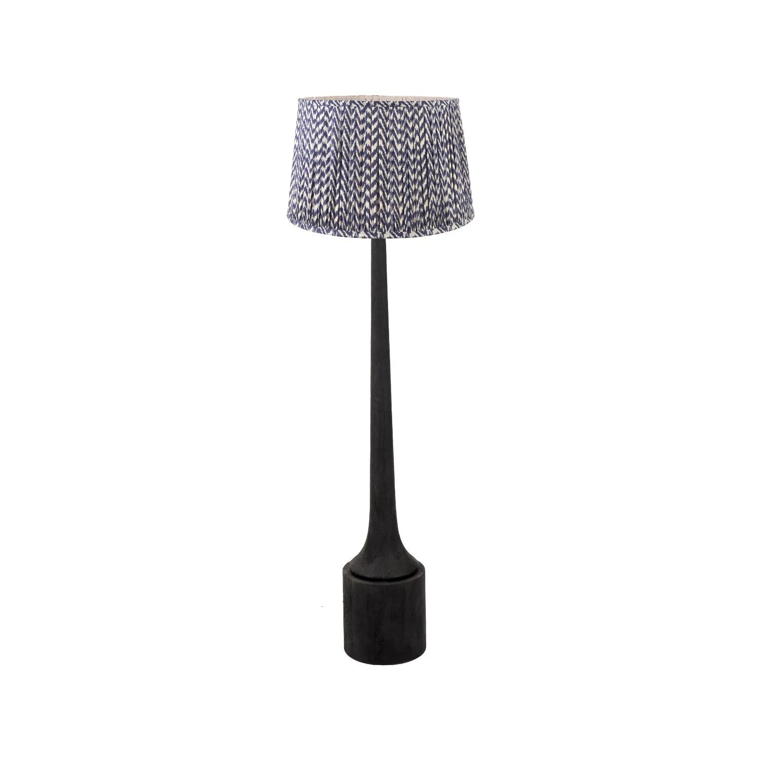 Tall Rustic Black Mango Wood Floor Lamp with Blue Chevron Tapered Pleated Shade – Hand-Carved Sculptural Wooden Light 156x45x45cm - Click Style