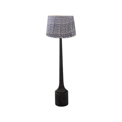 Tall Rustic Black Mango Wood Floor Lamp with Blue Chevron Tapered Pleated Shade – Hand-Carved Sculptural Wooden Light 156x45x45cm - Click Style