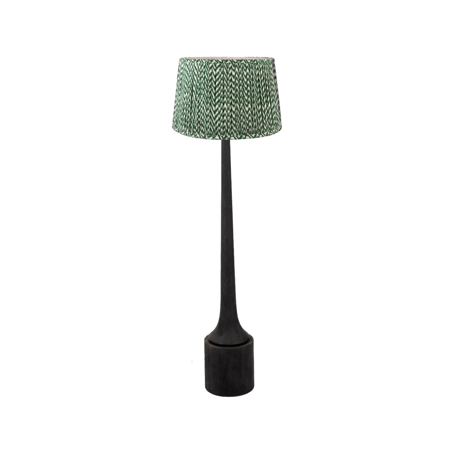 Tall Rustic Black Mango Wood Floor Lamp with Green Chevron Tapered Pleated Shade – Hand-Carved Sculptural Wooden Light 156x45x45cm - Click Style