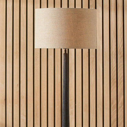 Tall Rustic Black Mango Wood Floor Lamp with Natural Linen Drum Shade – Hand-Carved Sculptural Wooden Light 155x45x45cm - Click Style