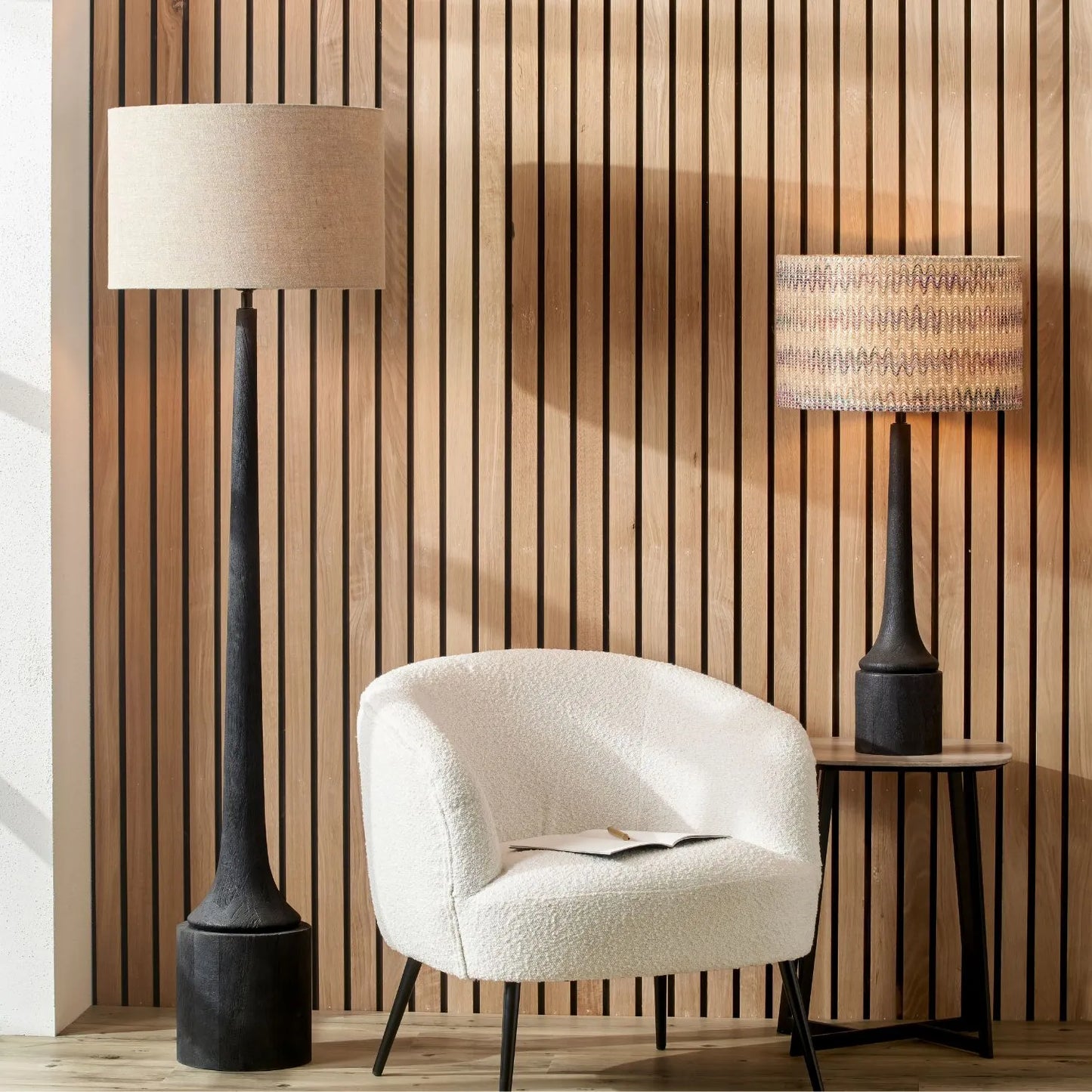 Tall Rustic Black Mango Wood Floor Lamp with Natural Linen Drum Shade – Hand-Carved Sculptural Wooden Light 155x45x45cm - Click Style