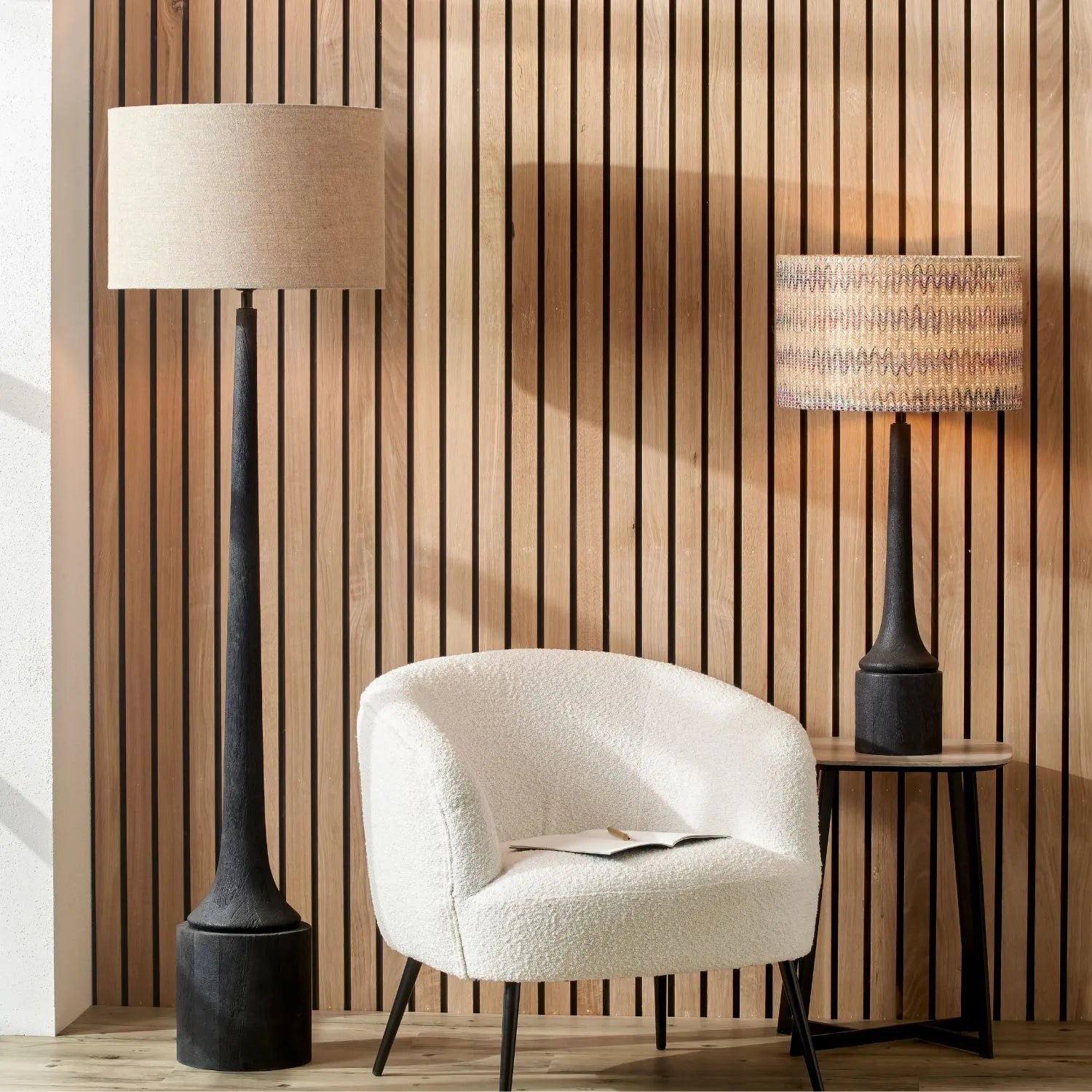 Tall Rustic Black Mango Wood Floor Lamp with Natural Linen Drum Shade – Hand-Carved Sculptural Wooden Light 155x45x45cm - Click Style