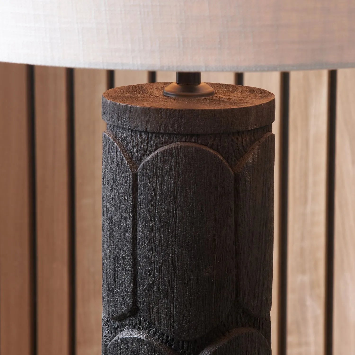 Tall Rustic Black Mango Wood Table Lamp Base with Hand-Carved Embossed Scallop Design – Cylindrical Wooden Light 50x11x11cm - Click Style
